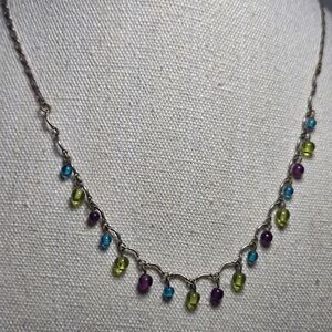 VTG Silver Tone Dangle Drop Bead Necklace Blue Green Purple Whimsical Fairycore